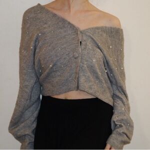 H&M Gray Pearl-Embellished Off-Shoulder Cropped Sweater